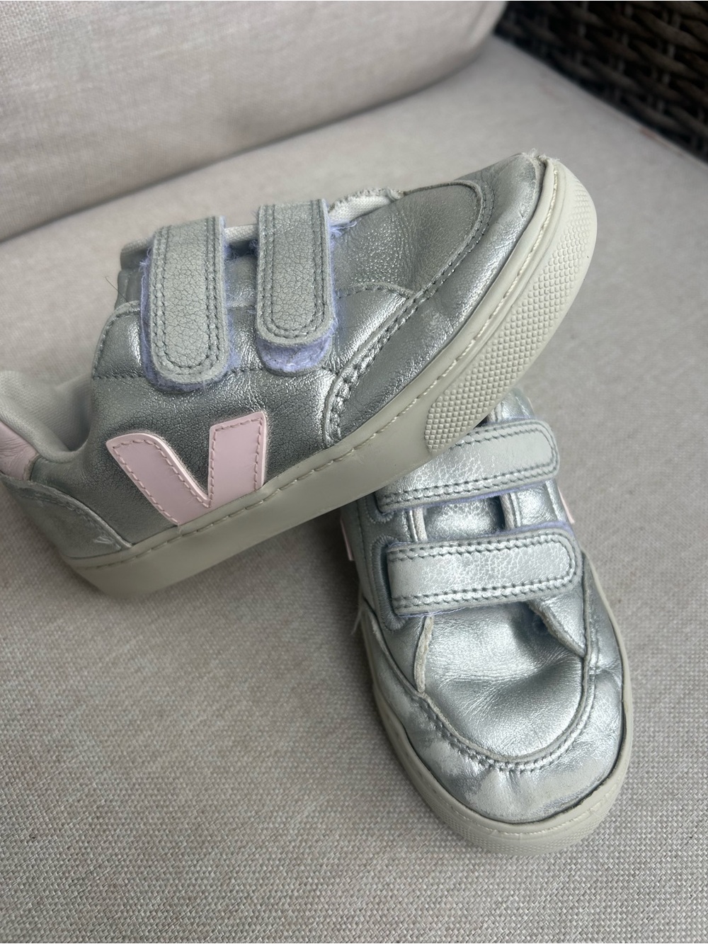 Kids Veja Metallic Silver Velcro Sneakers with Pink Accent